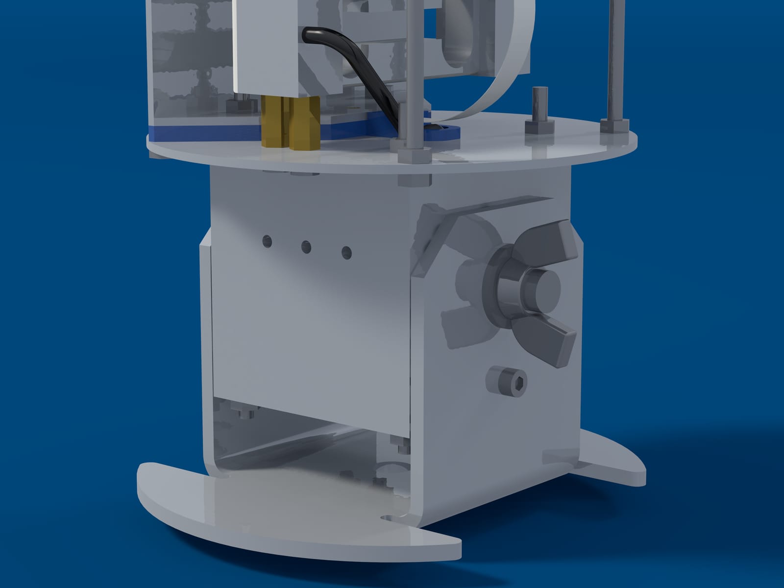 Close render of the Midge v2’s base, foot and pivot.
