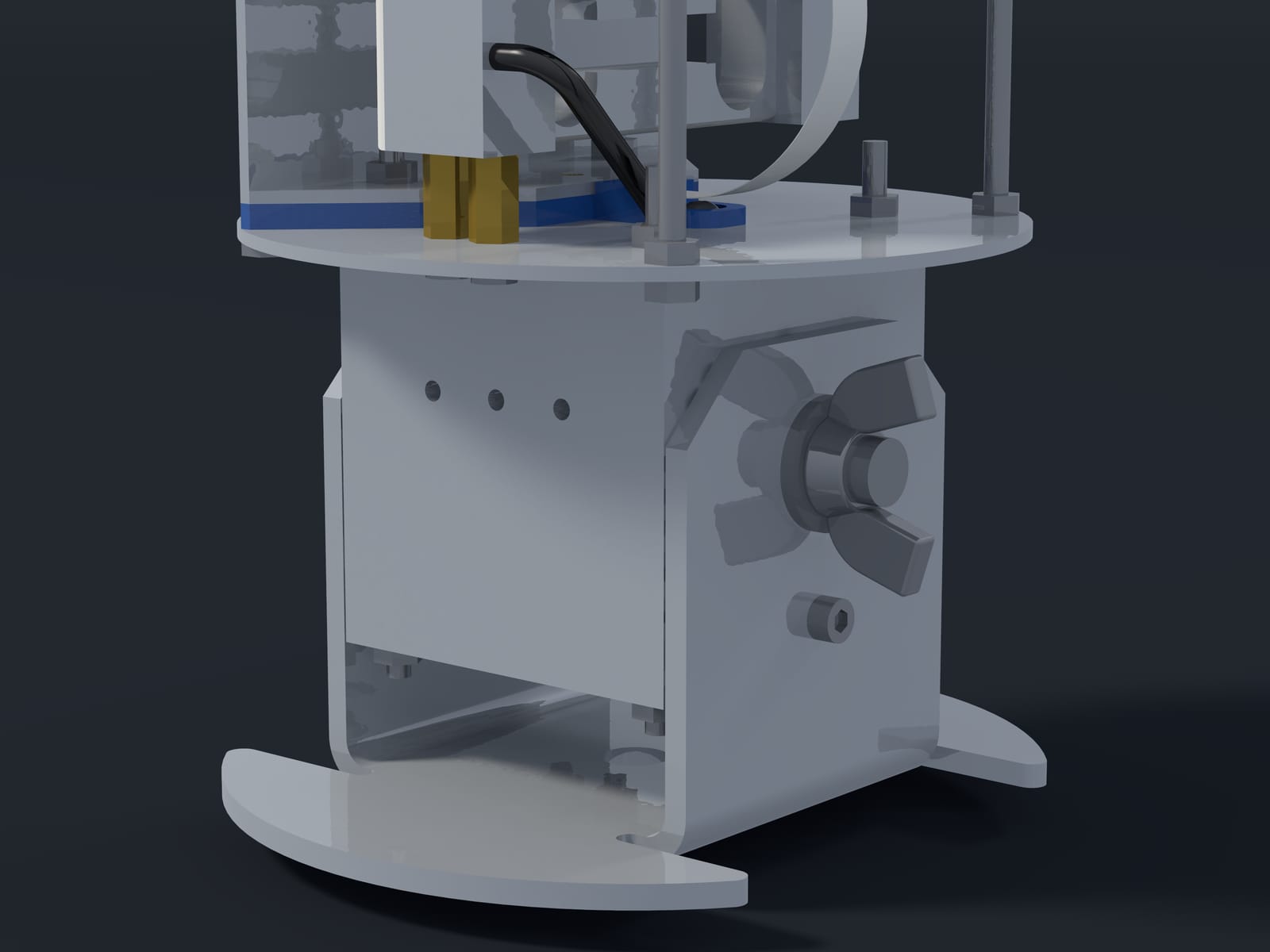 Close render of the Midge v2’s base, foot and pivot.