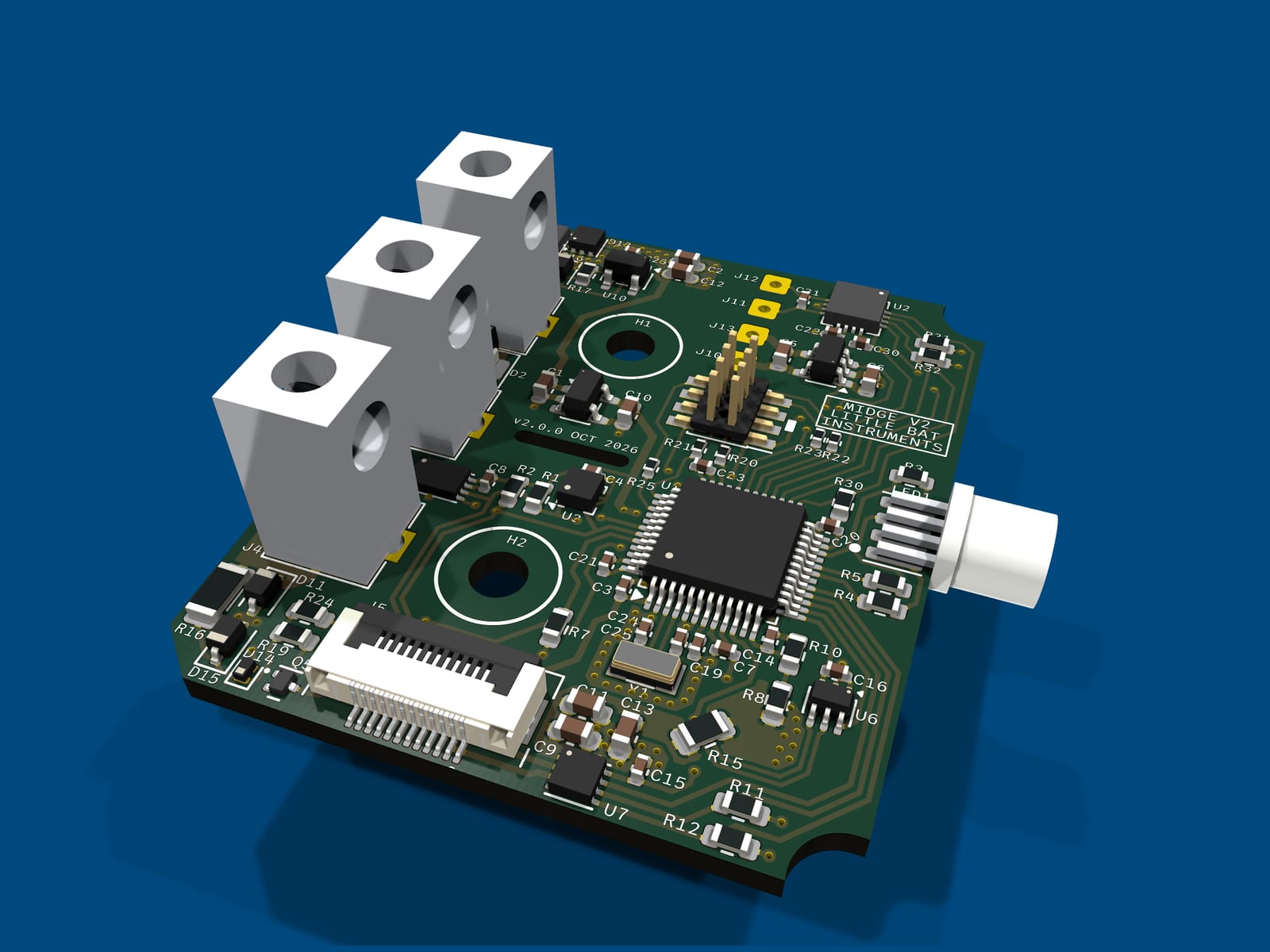Render of the Midge v2’s main circuit board from above at three-quarters: a square microcontroller in the middle, three wire lugs along one edge and a light standing off another.