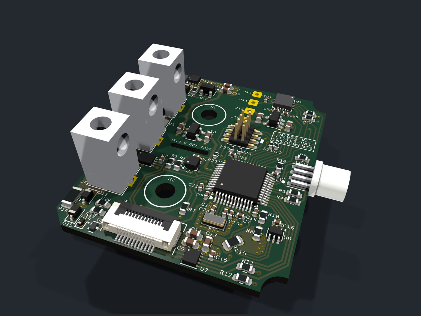 Render of the Midge v2’s main circuit board from above at three-quarters: a square microcontroller in the middle, three wire lugs along one edge and a light standing off another.