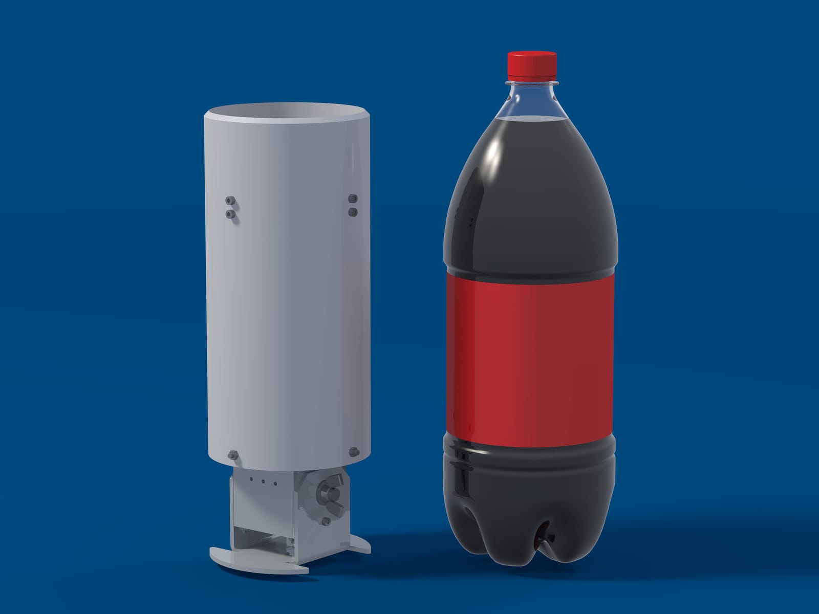 Render of the Midge v2 standing beside a 2-litre bottle of cola with a plain red label; the bottle is a little taller than the gauge and about as wide as its tube.