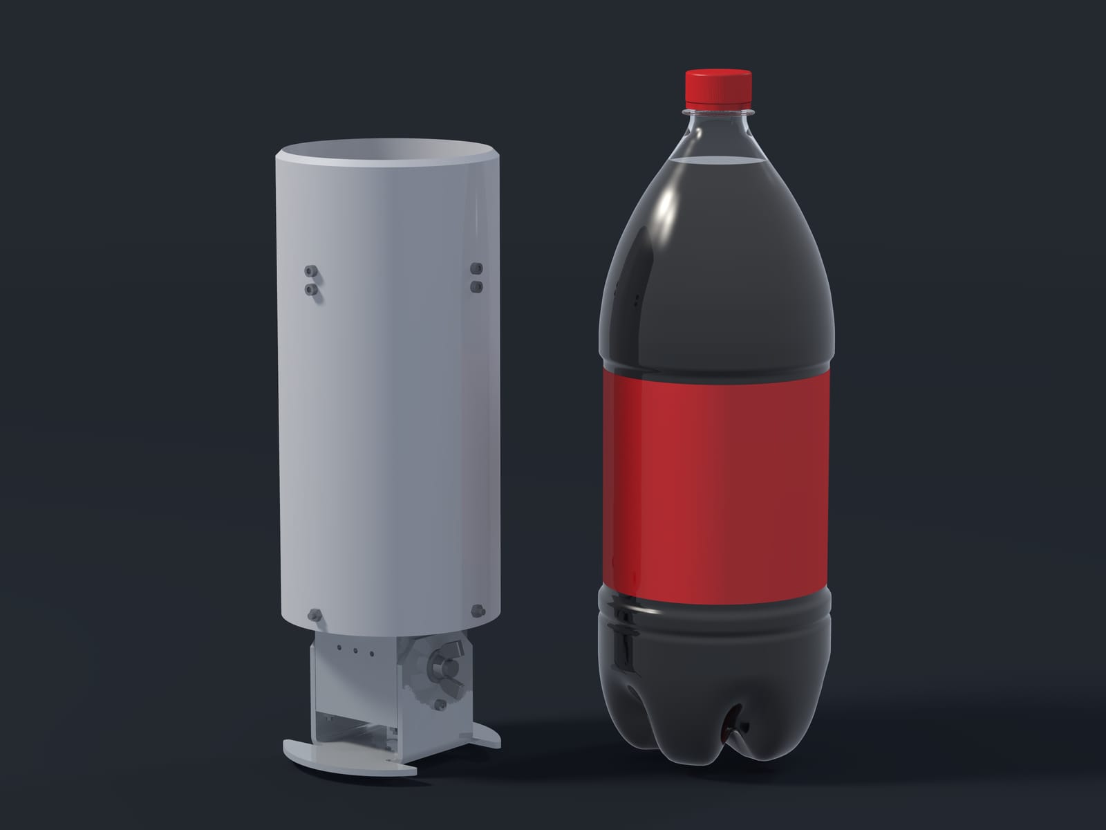 Render of the Midge v2 standing beside a 2-litre bottle of cola with a plain red label; the bottle is a little taller than the gauge and about as wide as its tube.