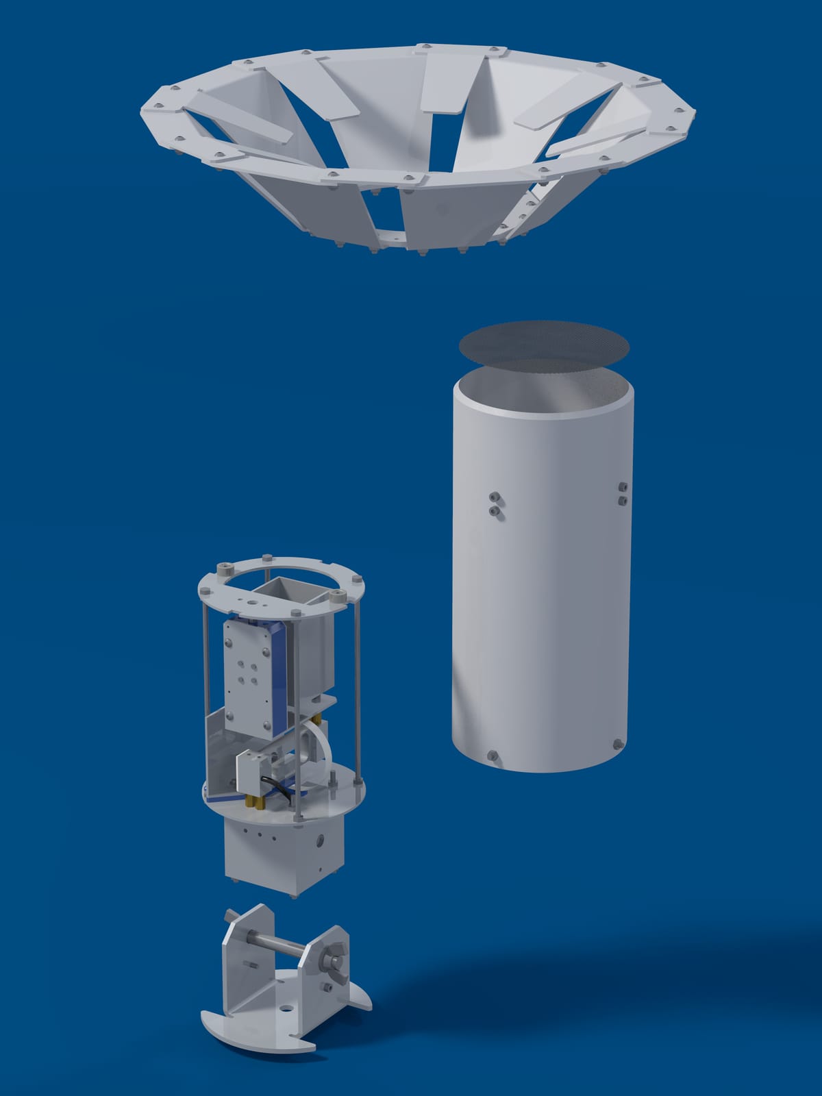 Exploded render of the Midge v2 and its wind shield, the parts spread along the axis.