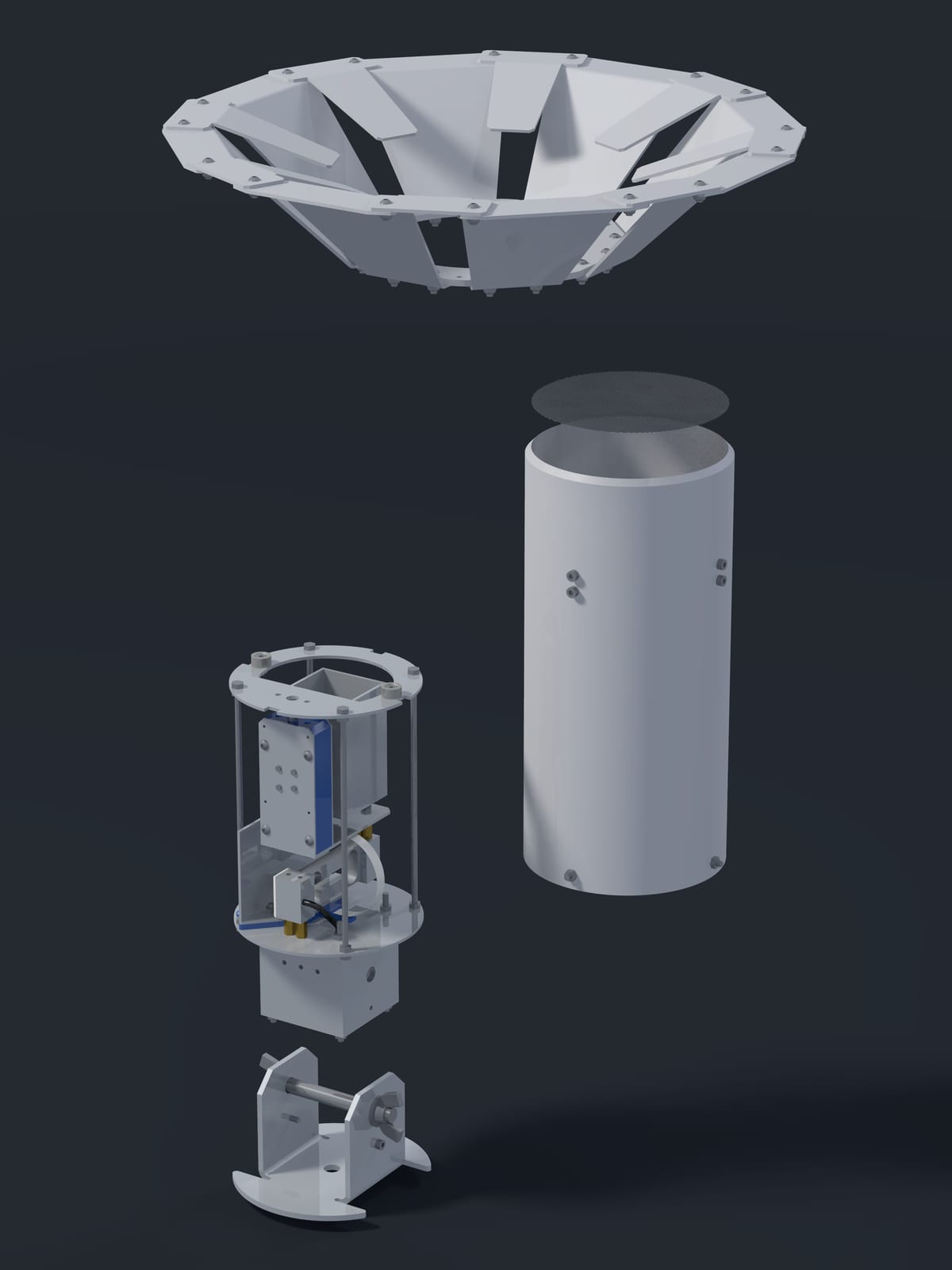 Exploded render of the Midge v2 and its wind shield, the parts spread along the axis.