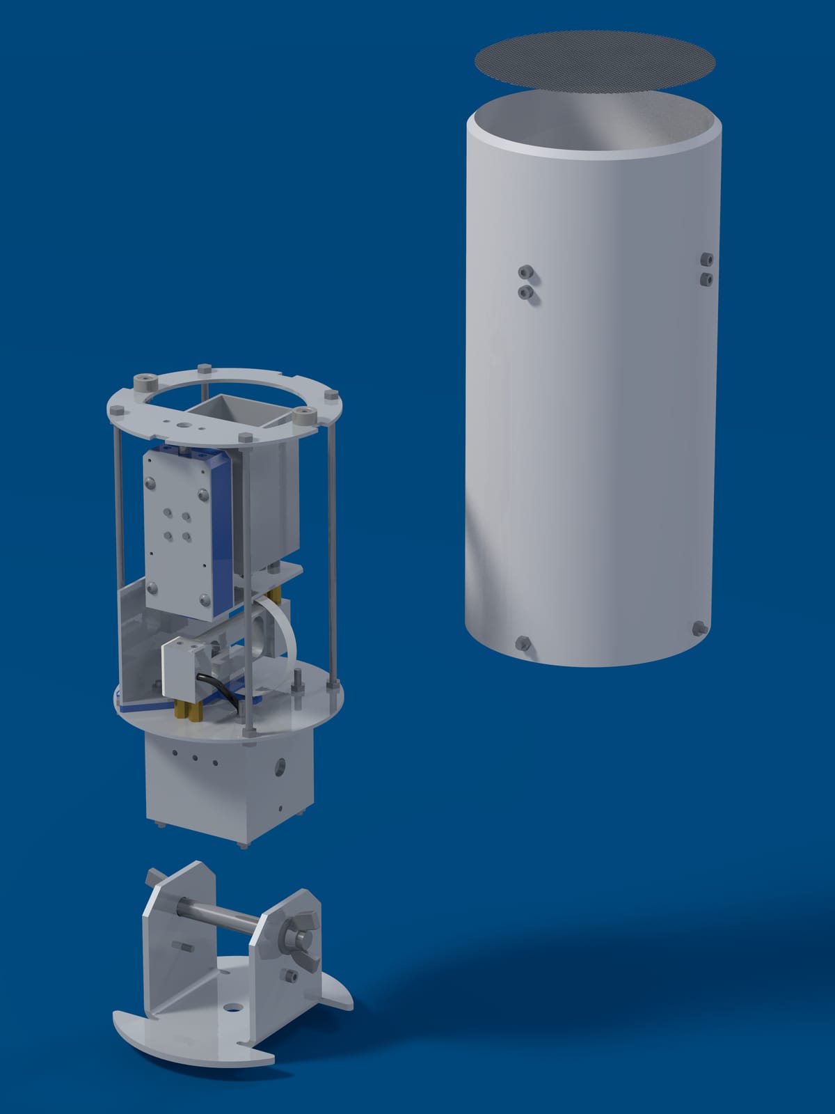 Exploded render of the Midge v2, the parts spread along the axis.