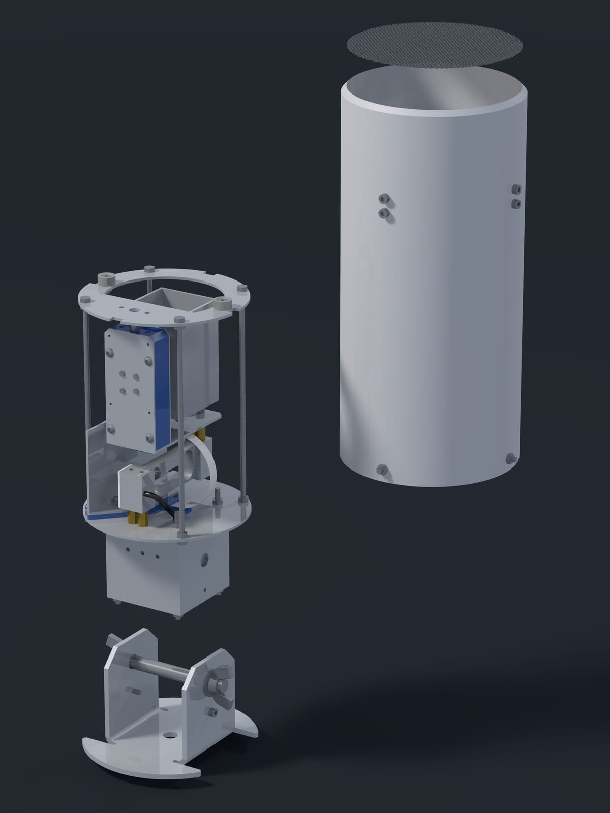 Exploded render of the Midge v2, the parts spread along the axis.