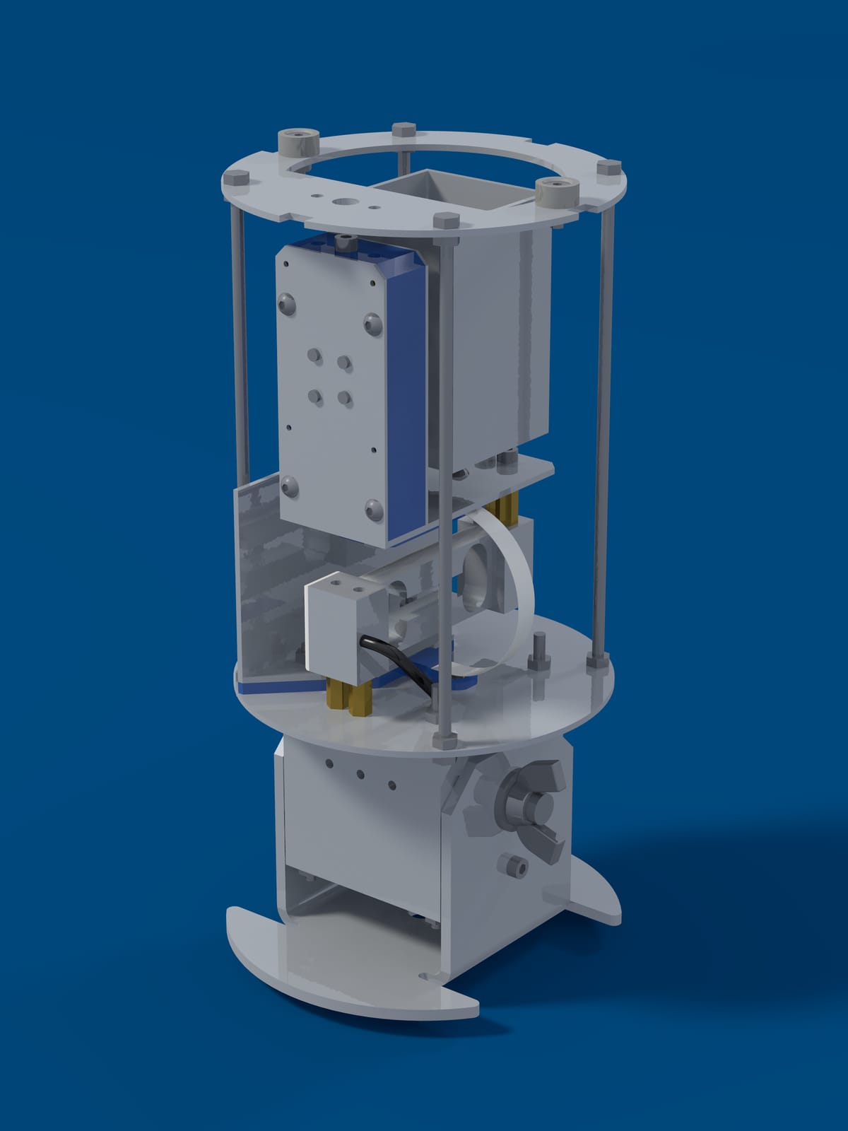 Render of the Midge v2 with the tube, funnel and mesh left off, showing the frame and load cell.