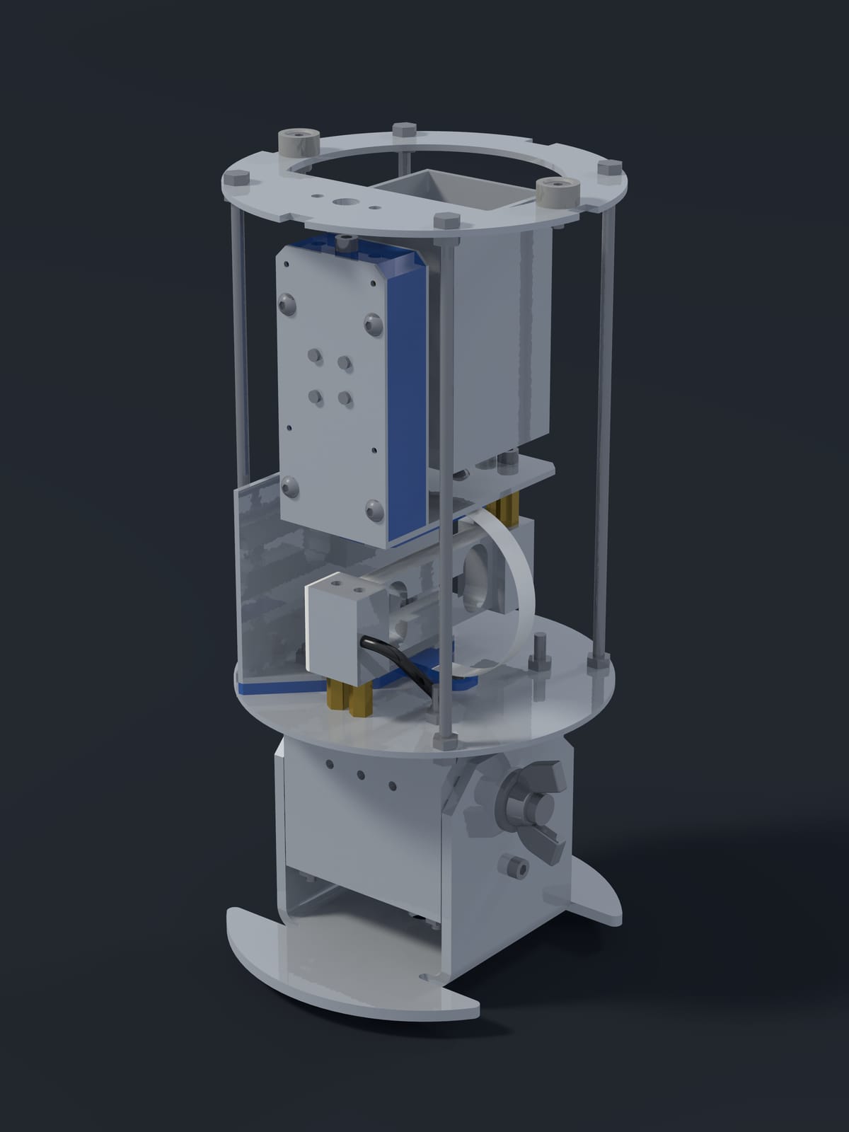 Render of the Midge v2 with the tube, funnel and mesh left off, showing the frame and load cell.