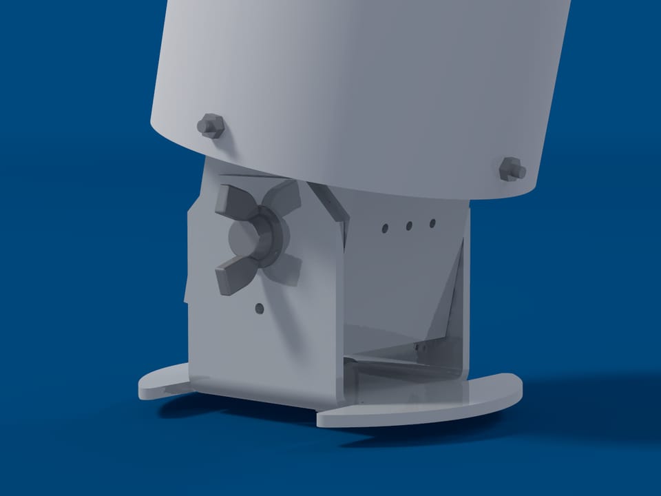 Animation of the Midge v2’s base and foot, the tube cut off above them: the gauge turns a quarter round on the screw through its foot, tips 12° one way on its pivot and 12° the other, stands upright again and turns back.