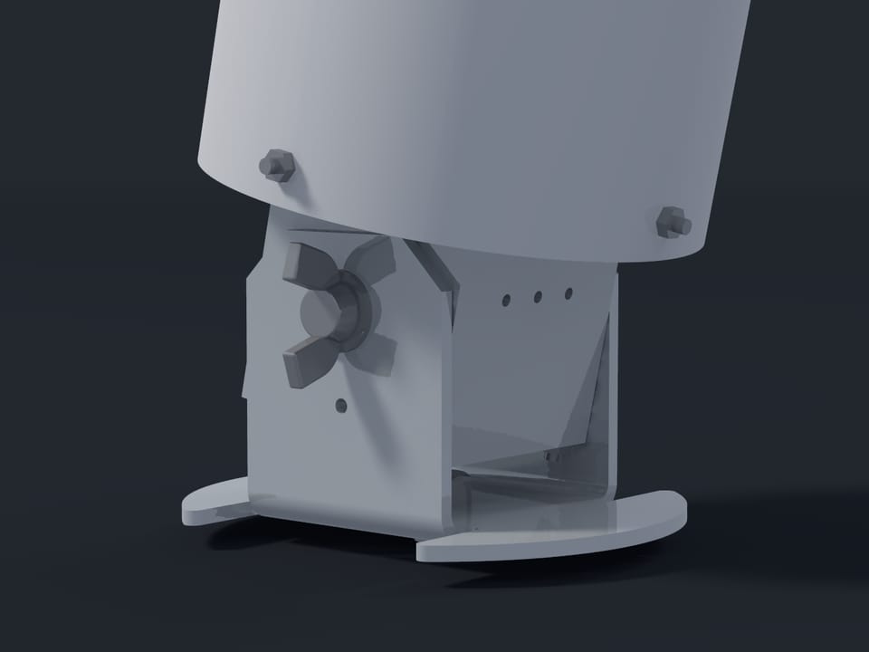 Animation of the Midge v2’s base and foot, the tube cut off above them: the gauge turns a quarter round on the screw through its foot, tips 12° one way on its pivot and 12° the other, stands upright again and turns back.