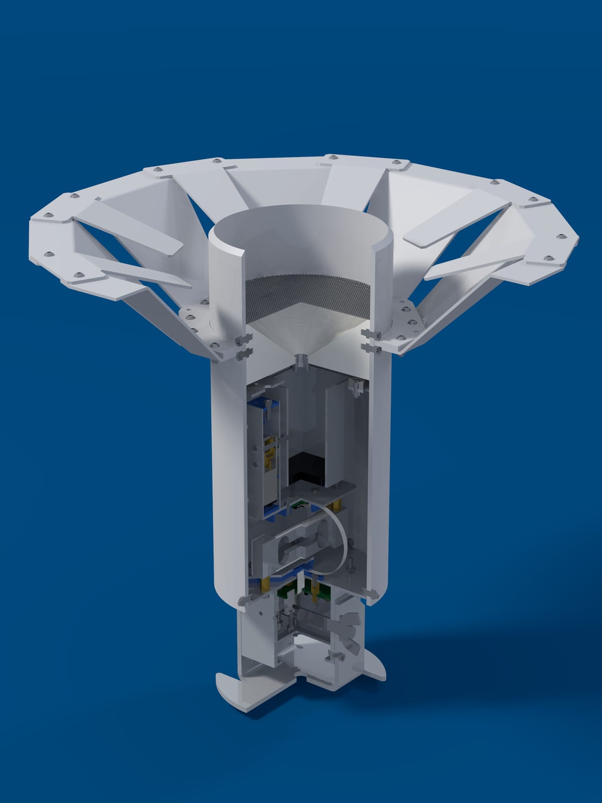 Render of the Midge v2 with its wind shield, a quarter cut away.