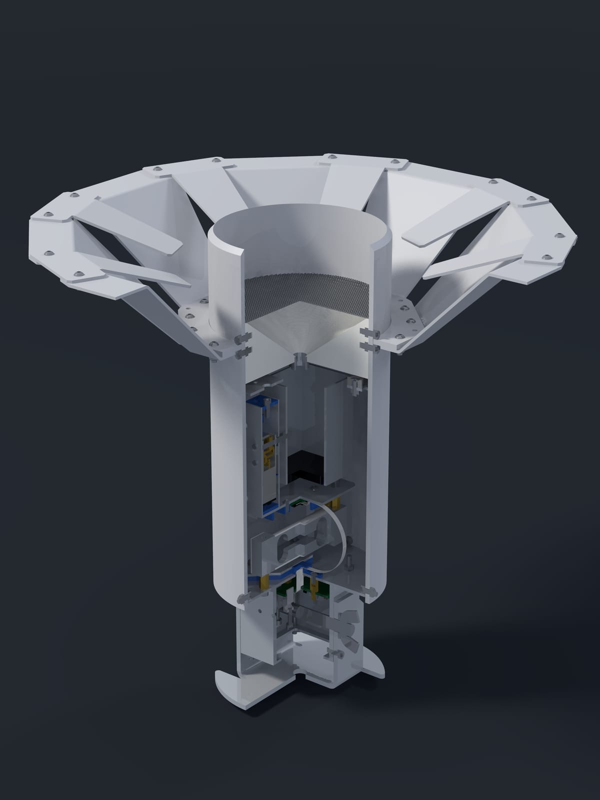 Render of the Midge v2 with its wind shield, a quarter cut away.