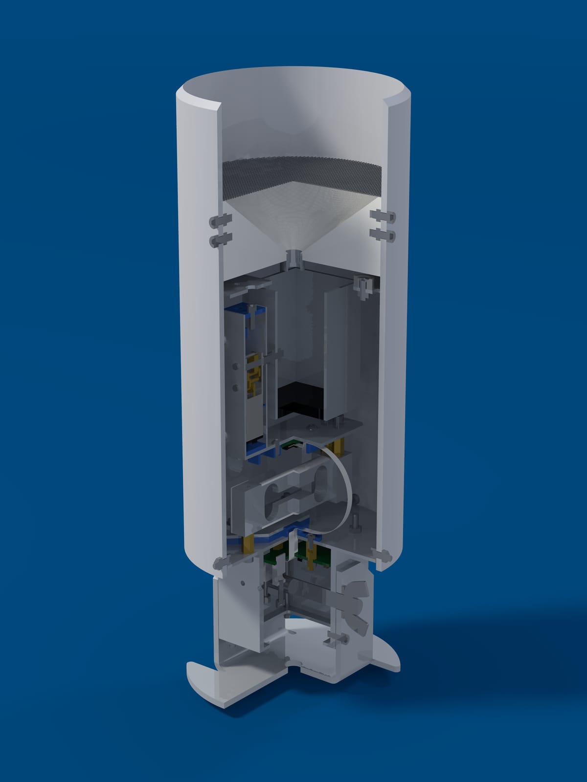Render of the Midge v2 with the quarter nearest the viewer cut away.