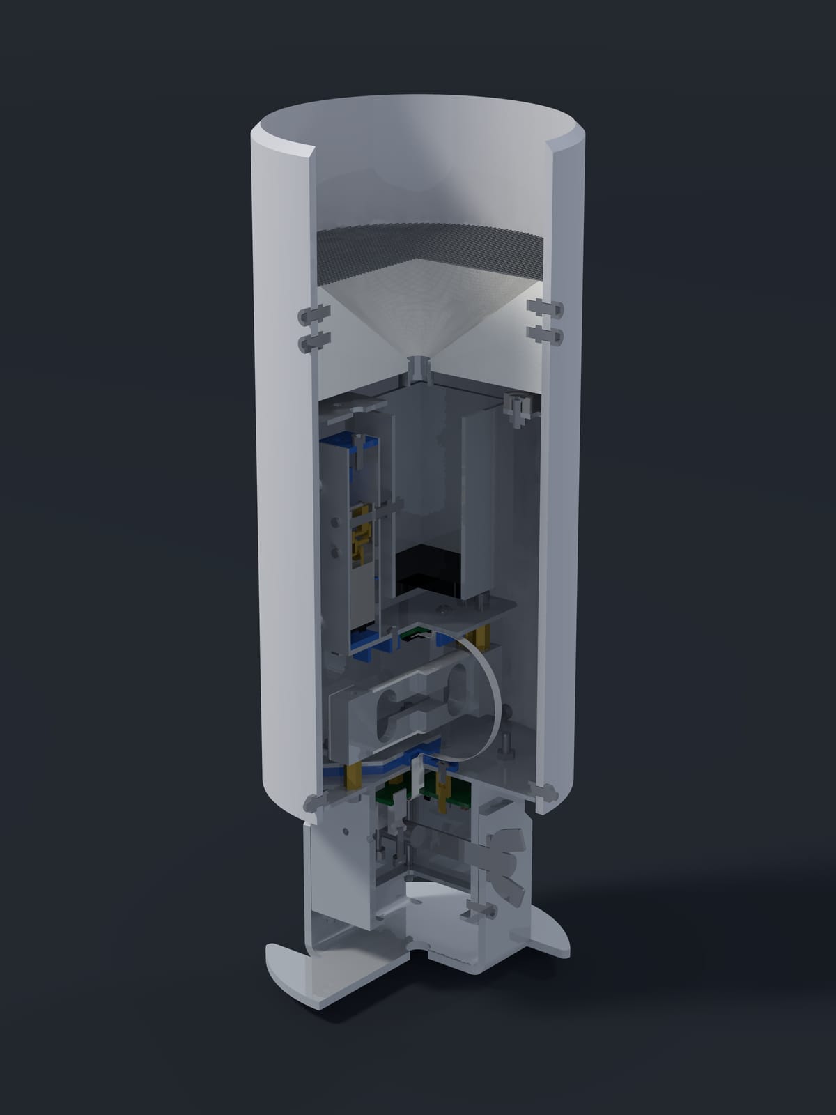 Render of the Midge v2 with the quarter nearest the viewer cut away.