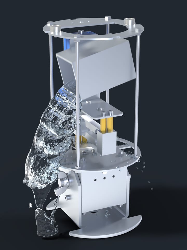 Animation of the Midge v2 with its tube off: the bucket turns on the motor’s shaft, pours its water out past the base to the ground, pauses, and turns back upright.