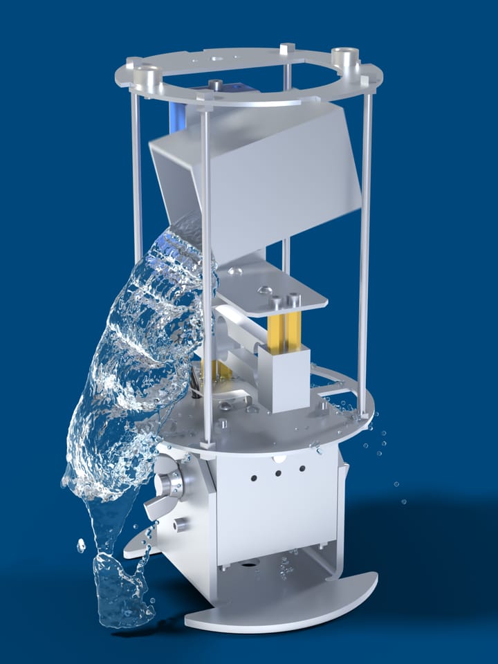Animation of the Midge v2 with its tube off: the bucket turns on the motor’s shaft, pours its water out past the base to the ground, pauses, and turns back upright.