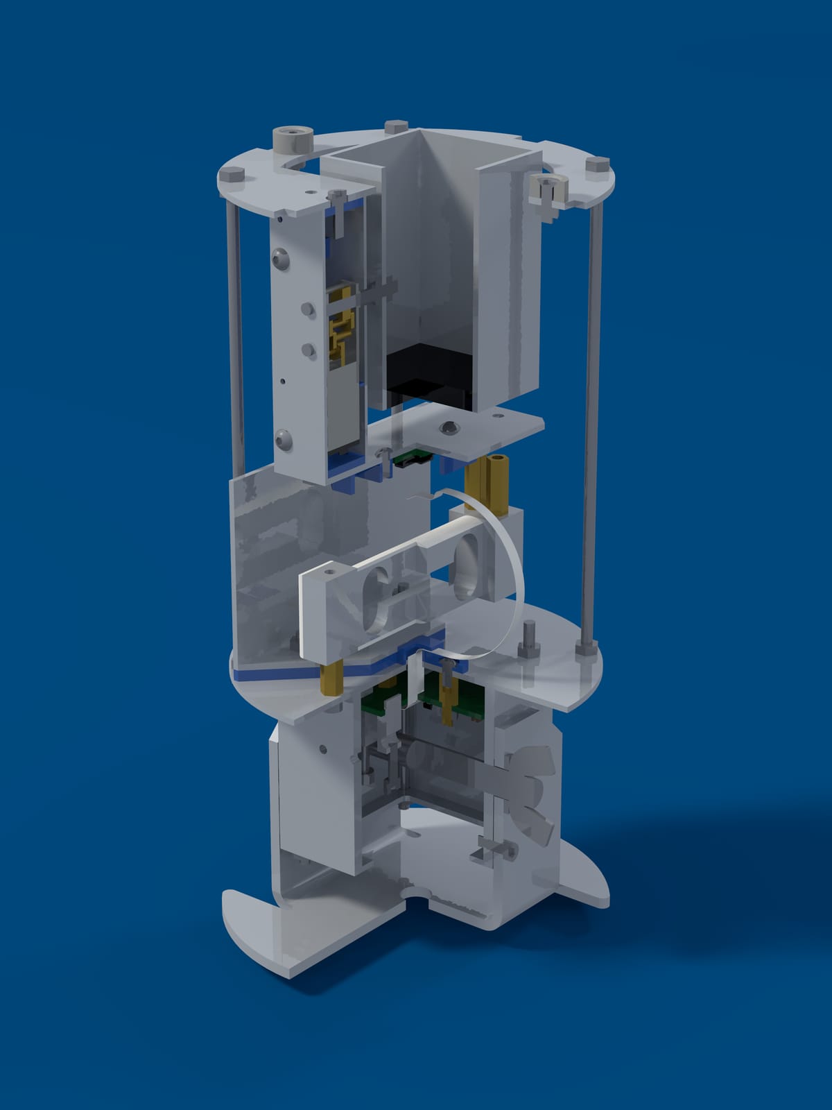Render of the Midge v2 packed for transport, the bucket lifted against the top plate.