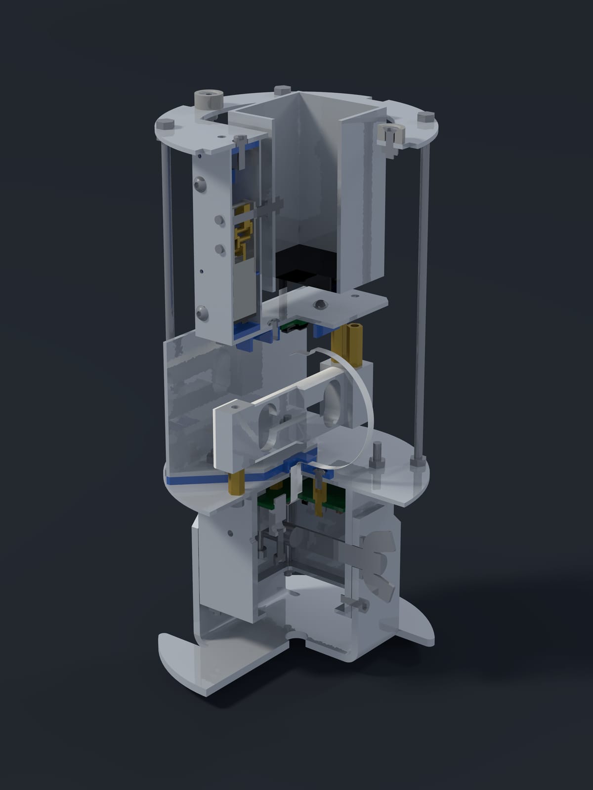 Render of the Midge v2 packed for transport, the bucket lifted against the top plate.